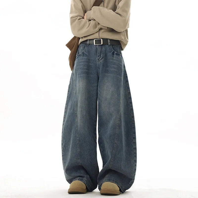 Wide Leg Jeans Men Denim Dark Blue Floor Sweeping Baggy Trousers Street Dance Hip Hop Unisex Urban Fashion Urban Streetwear ATFH