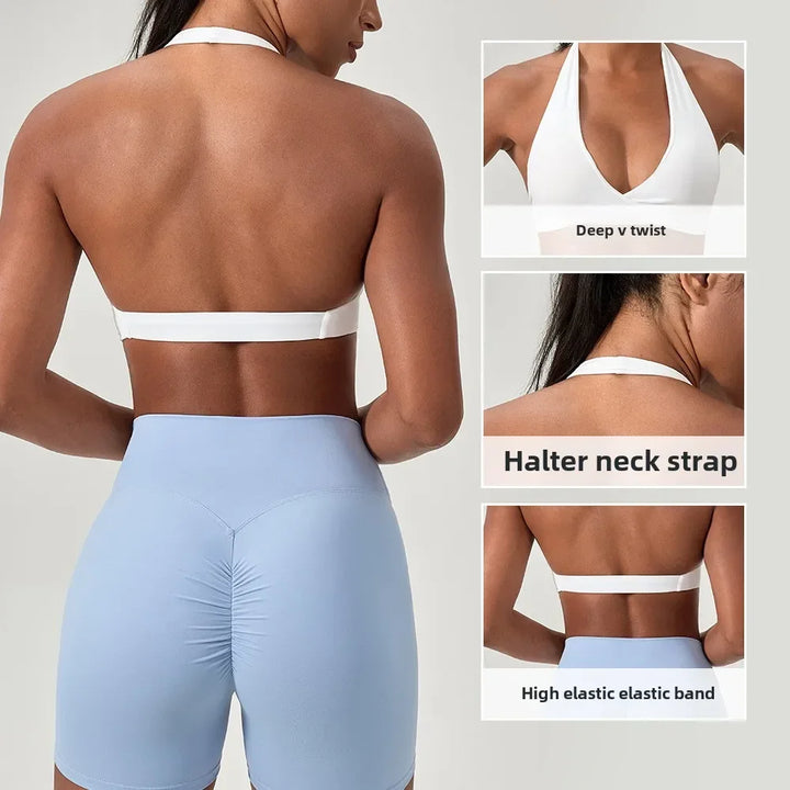 Strappy Bra for Women Open Back Halter Sports Bra Light Support Gym Crop Top Seamless Workout Yoga Top Bra Padded Bras - ATFH