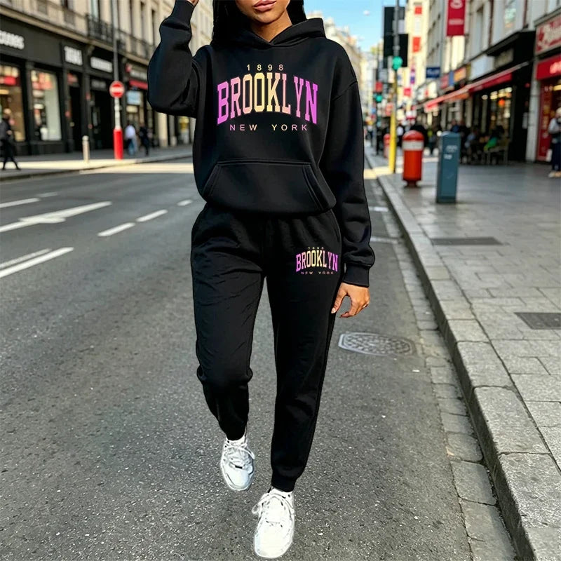 Women's Outfits Casual Hooded Sweatshirt Suit Outdoors Sports Jogging Sportswear Clothing Autumn Winter Street Woman Pants Sets