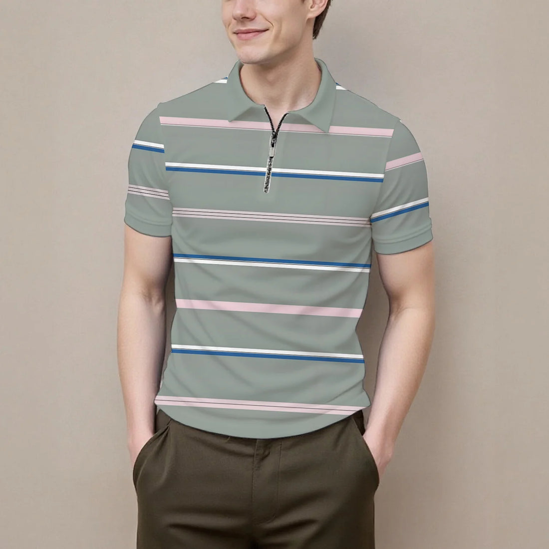 Summer men's polo shirt new summer short sleeve zipper stripes casual fashion versatile lapel men's business formal occasions