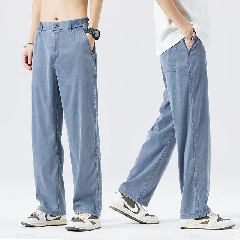 Summer Soft Lyocell Fabric Men's Jeans Thin Loose Straight Pants Drawstring Elastic Waist Korea Casual Trousers Plus Size M-5XL ATFH