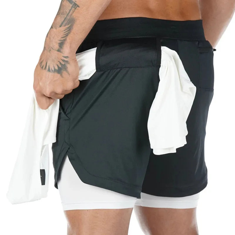 2 in 1 Men's Outdoor Running Shorts Quick-drying Fitness Training Double Layer Sweatpants New Sport Bottoms Bodybuilding Pants
