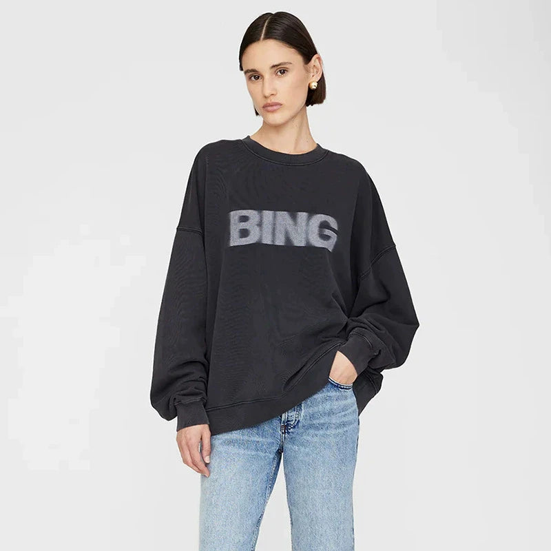 2025 Winter New North American Niche Classic Letter BING Printed Inner Fleece High Neck Loose Women's Sweatshirt - ATFH