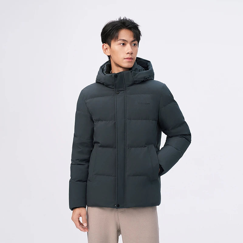 Bosideng Mens Short Hooded Down Jacket With Ribbed Cuffs High Neck And Double Placket For Windproof Warmth