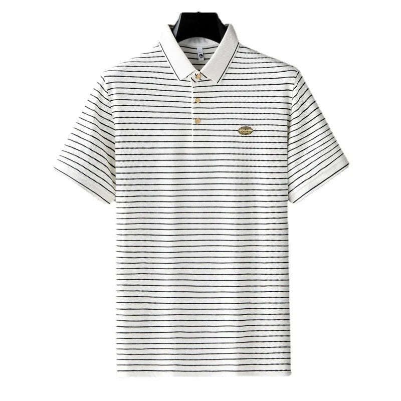 Men's short sleeved slim fit letter embroidered lapel T-shirt summer light luxury thin ice silk light cotton striped polo shirt