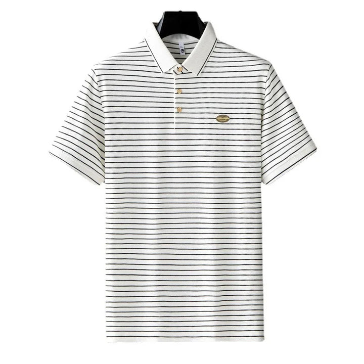 Men's short sleeved slim fit letter embroidered lapel T-shirt summer light luxury thin ice silk light cotton striped polo shirt