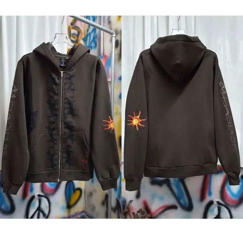 Winter Brown Fleece Utopia Jackets High Quality Vinatge Print Zipper Hoodie Hiphop Street Cactus Jack Hoodys Men Women Cleanfit - ATFH