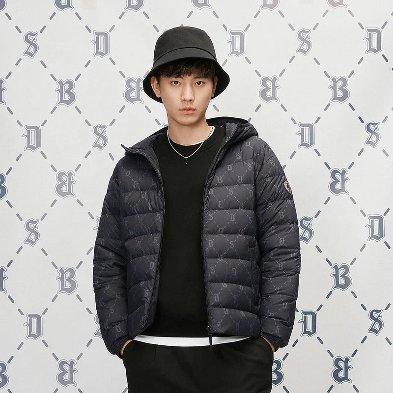 Monogram Print Down Jacket Men Hooded Streetwear Elastic Cuff Warm Winter Puffer Coat Bosideng Big Size Jacket for Men