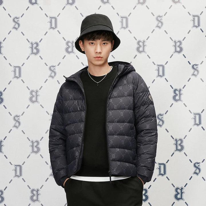 Monogram Print Down Jacket Men Hooded Streetwear Elastic Cuff Warm Winter Puffer Coat Bosideng Big Size Jacket for Men