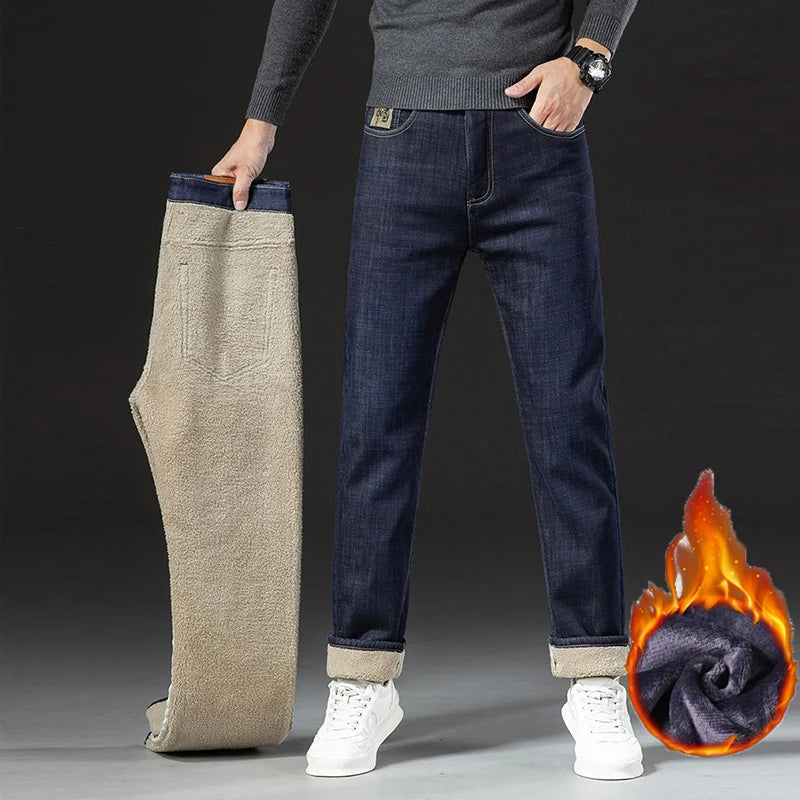 Men Winter Thermal  Loose Straight Jeans Male Fashion Snow Warm Plush Fleece Denim Pants Classic Simplicity Blue Black Trousers ATFH