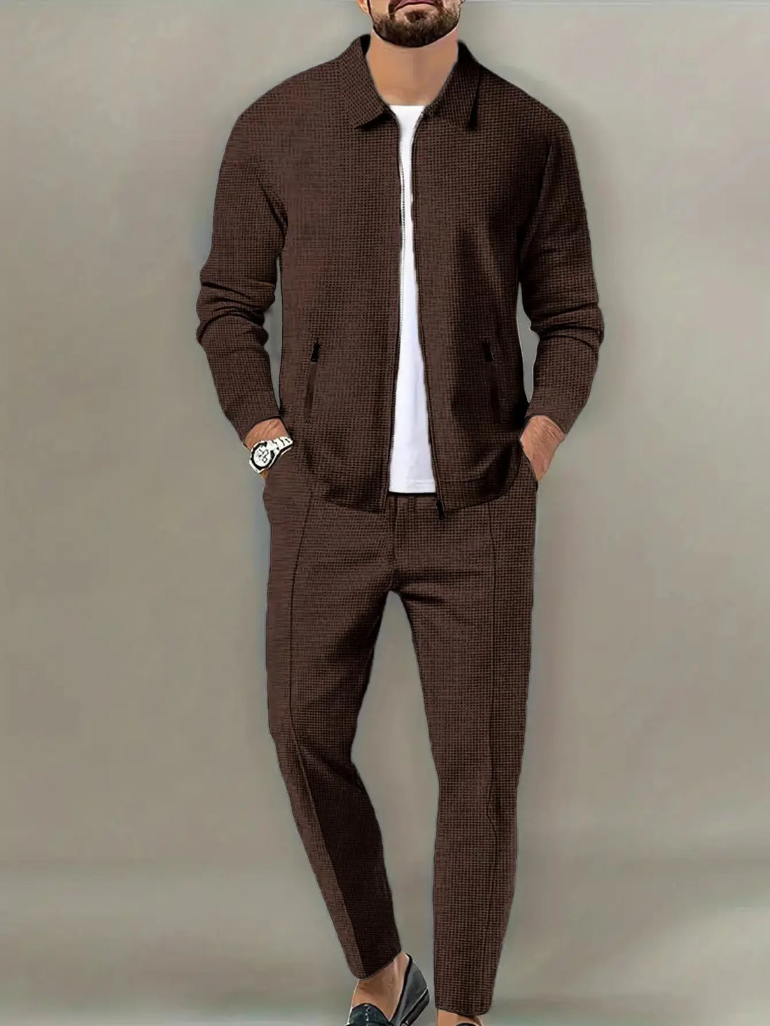 Men's Spring Waffle Two-Piece Set Casual Sports Suit with Zipper Long-Sleeved Jacket And Pants Collared - ATFH