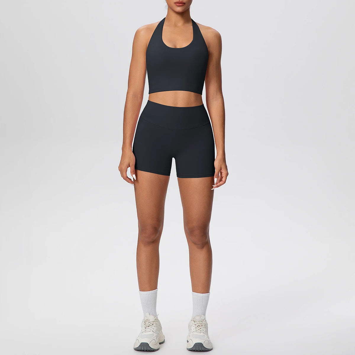 2picese Women Yoga Suit Solid Color High Waist Hip Push Up Fitness Shorts Sexy Pilates Backless Gym Hanging Neck Bra Yoga Set