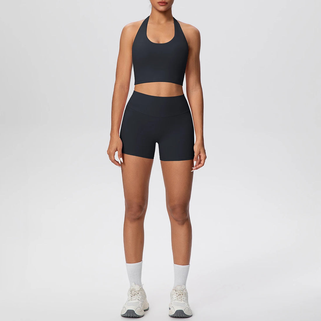 2picese Women Yoga Suit Solid Color High Waist Hip Push Up Fitness Shorts Sexy Pilates Backless Gym Hanging Neck Bra Yoga Set