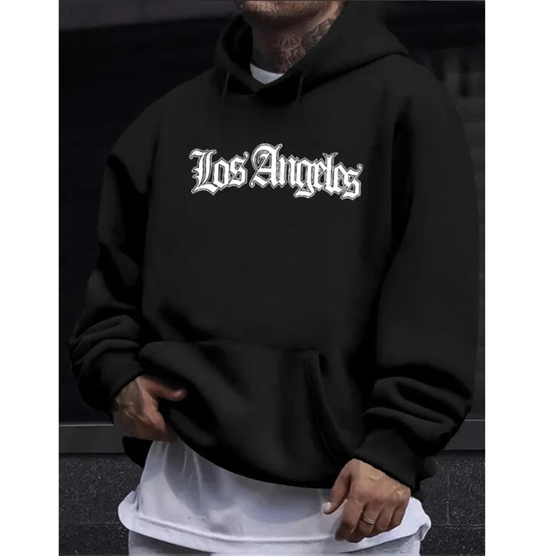 Men's autumn and winter casual fashion loose hoodie Los Angeles letter printed long sleeved warm pullover sweater - ATFH