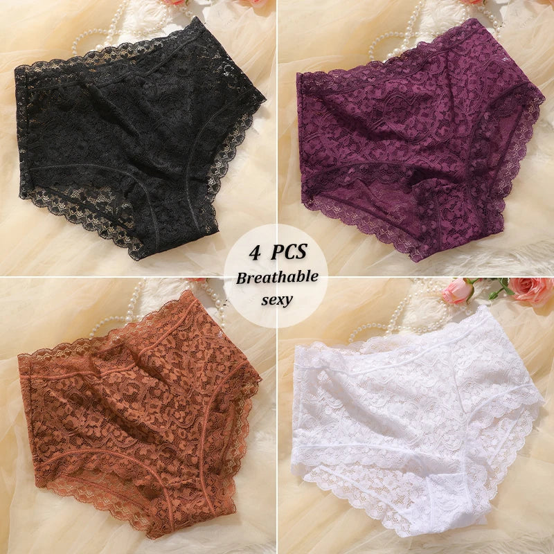 4PCS/SET See Through Lace Panties Women High Waist Full Hip Breathable Underwear Multi Color Skin-Friendly Intimate Lingerie New
