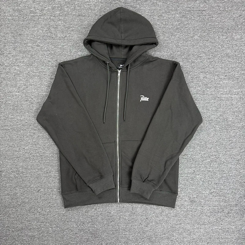 High Quality Cotton Men Women Couple Blue Black Gray Zipper Coats Hooded Simple Small Letters Logo Print PATTA Zip Hoodie Tag - ATFH