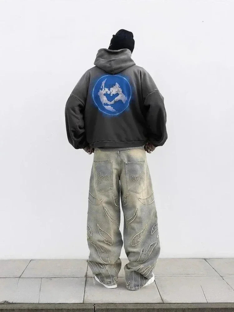 2024 American New Fashion Patch Baggy Casual Jeans For Men And Women Y2K High Street Harajuku High Waist Wide Leg Denim Trousers ATFH
