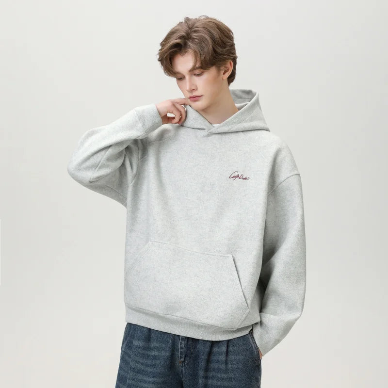 【Mirrordust】Autumn Loose Versatile Letter Embroidery Hooded Sweatshirt for Men American Street Style Casual Solid Color Hoodie - ATFH