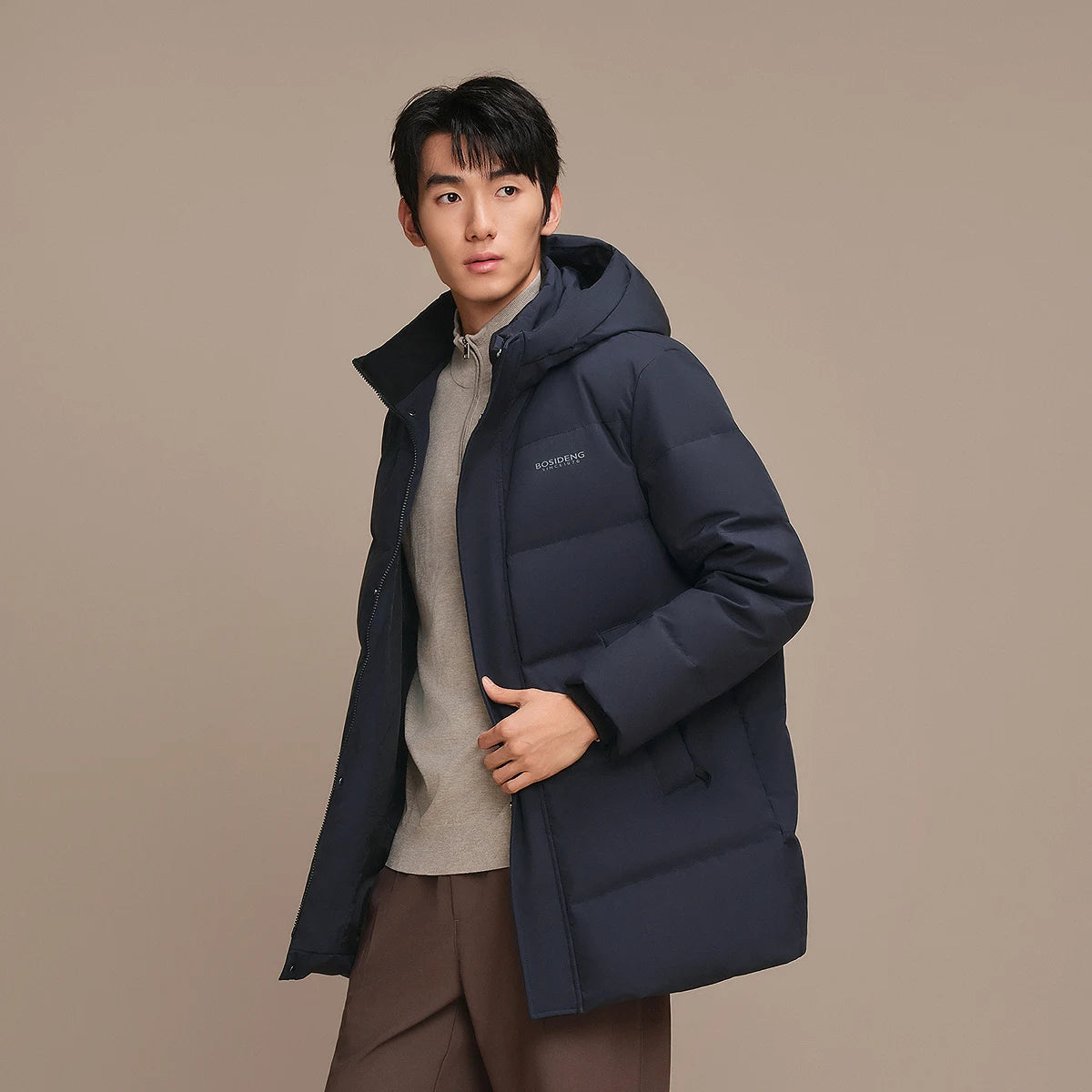 Bosideng Long Hooded Down Coat With Ribbed Cuffs Double Zipper And Side Pockets Windproof Warm Winter Jacket