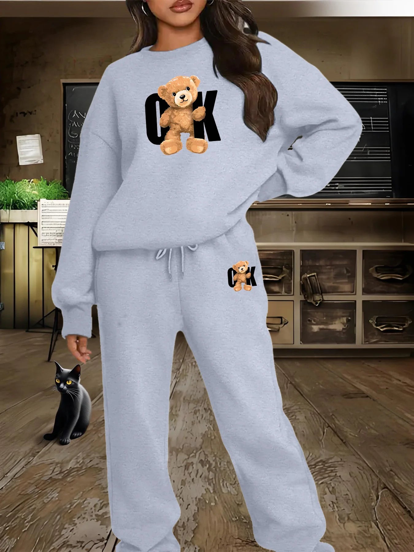 Women's autumn and winter hip-hop casual street fashion printed round neck sweatshirt+sweatpants warm suit
