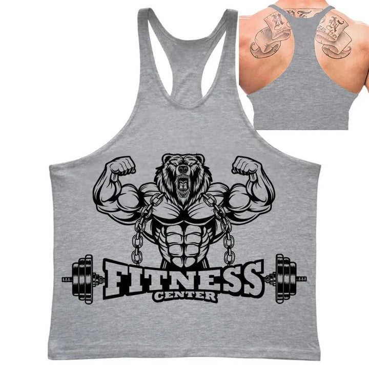 Men's fitness bear graphic stringer tank top in gray with muscular bear design and weights