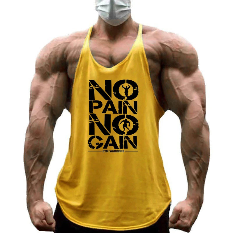 NO PAIN NO GAIN Workout Gym Clothing Bodybuilding Stringer Tank Top Men Cotton Vest Y Back Sleeveless Shirt Sports Singlets