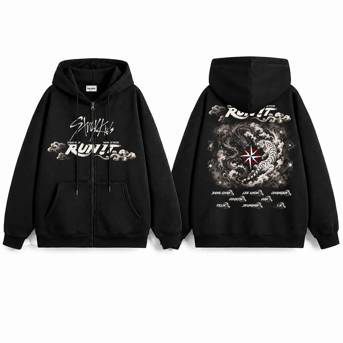 Stray Kids RUN IT Tour Zip Hoodie Double Sided Print Kpop Fan Merch Tiger Graphic Oversized Hooded Jacket Streetwear Sweatshirt