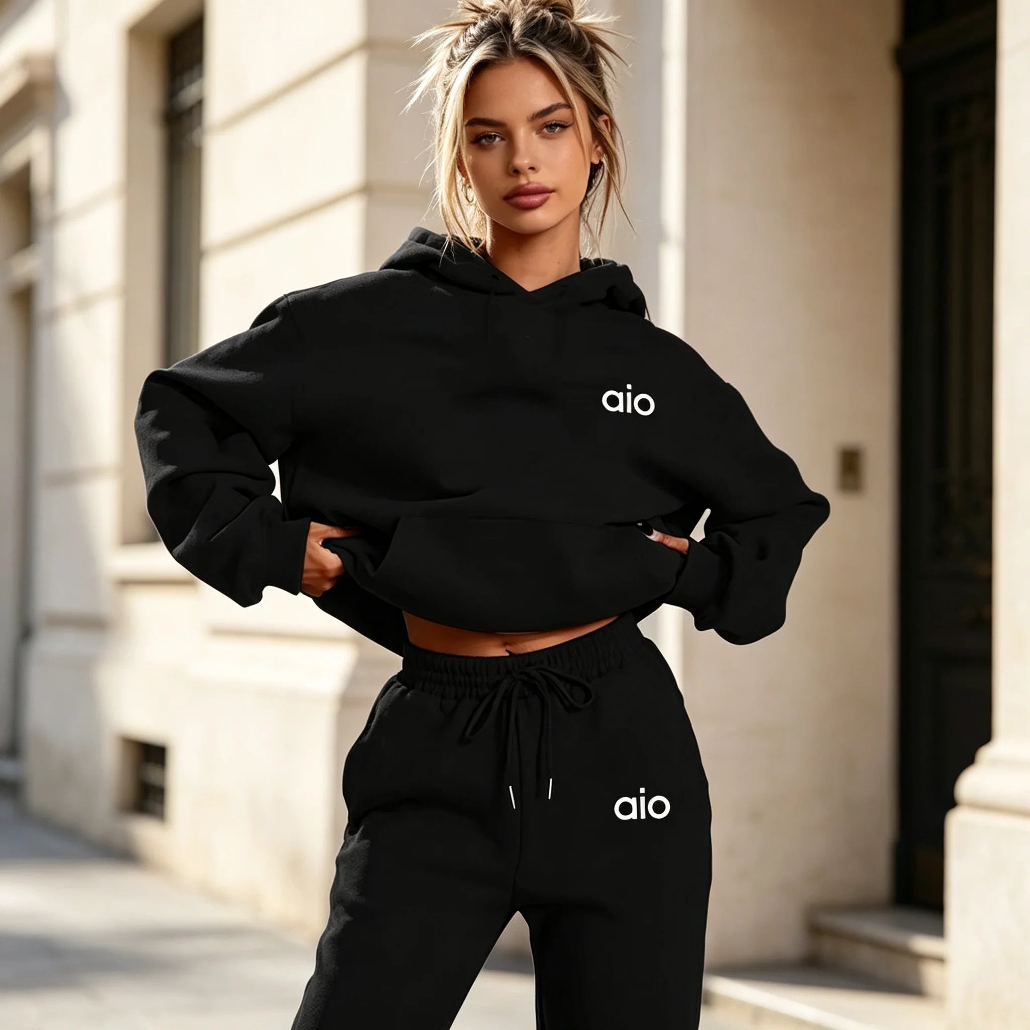 ai Printing High Quality Women Monochrome Hooded Hoodie Set Casual Two-Piece Set New Fashion Hot sweatpants tracksuit 2026