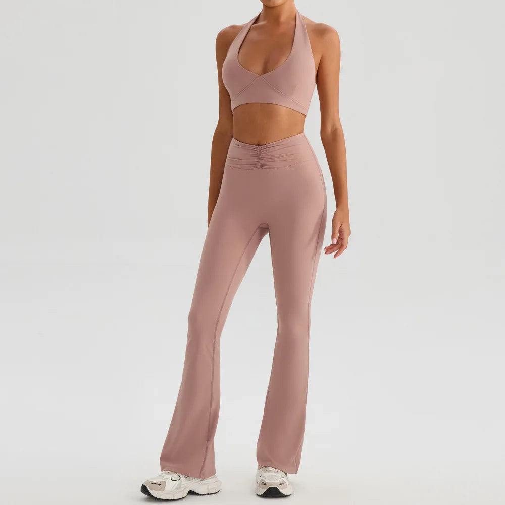 Yoga Sports Set Women Hanging Neck Workout Crop Top Bra High Waist Shorts Pants Fitness Suit Comfort Elastic Skirt Sportsuit - ATFH