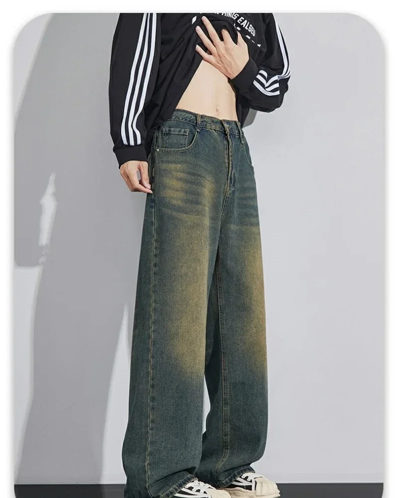 Men's Denim Pants Vintage Washing Wide Leg Loose Jeans Casual Straight American Style  Street Men Trousers Four Seasons New 2026 ATFH