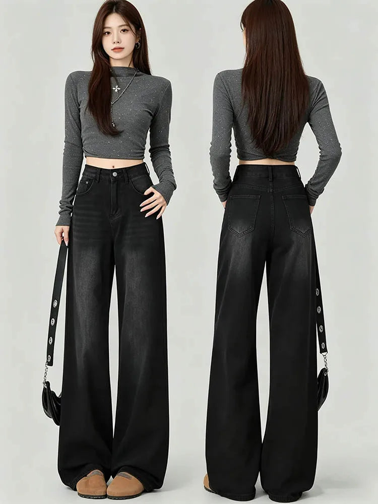 Botvotee Vintage Women's Black Grey High Waist Jeans Y2K Fashion Baggy Loose Straight Wide Leg Baggy Denim Trousers Pants