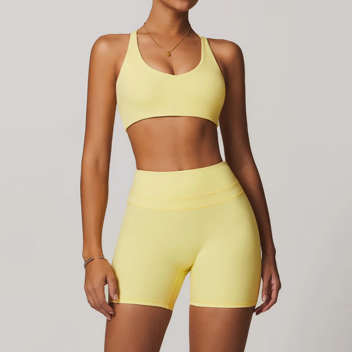 Summer Nude Gym Yoga Fitness Sportswear Women High Waist Elastic Running Shorts Bra Tops Set Indoor Quick Dry Workout Tracksuits - ATFH