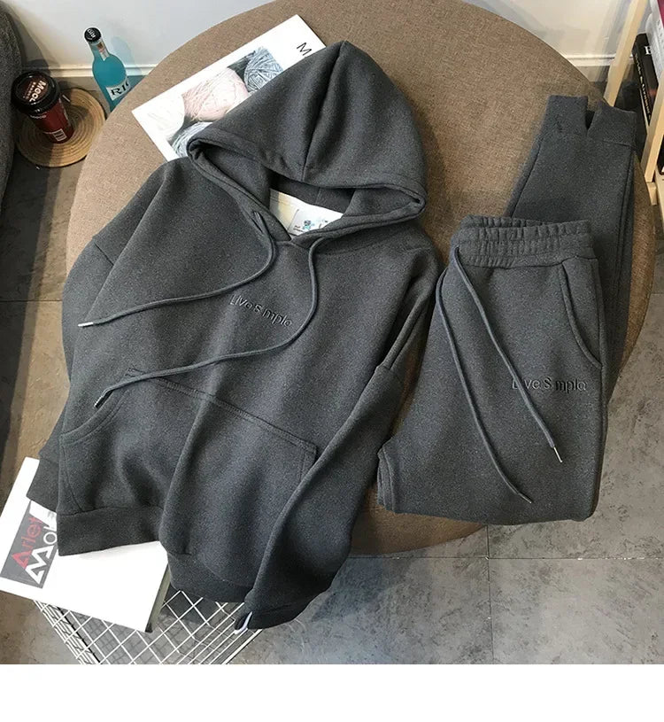 Winter Sweatshirts Women Hooded Tracksuit Two Pieces Set Hoodies Pockets Pants Suit Drawstring Trousers Sports Outfits Autumn