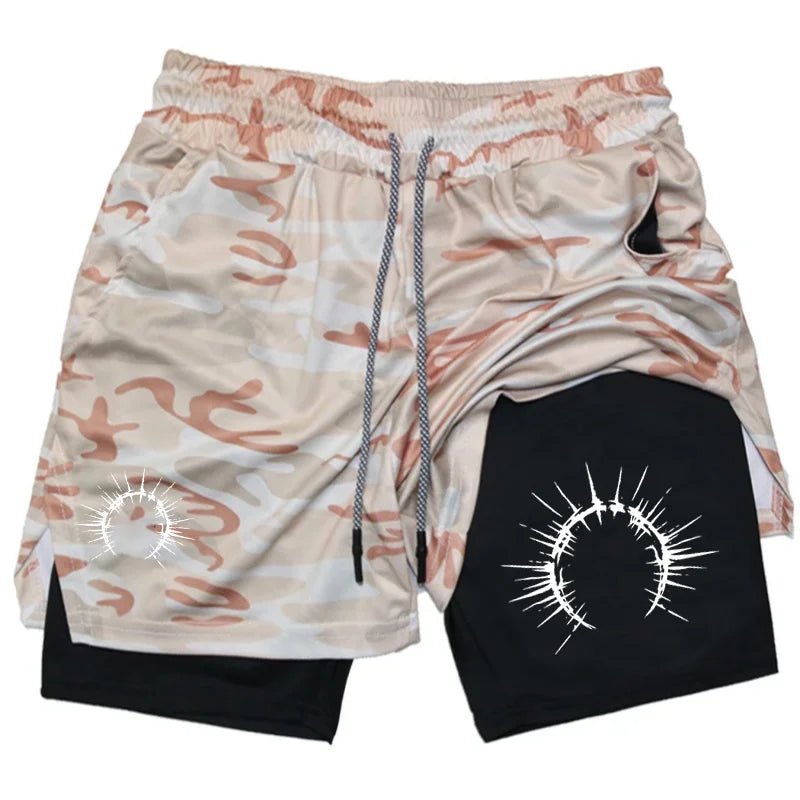 Men's 2-in-1 Shorts Training Fitness Phone Pocket Breathable Quick-Dry Summer Men Shorts Abstract Print