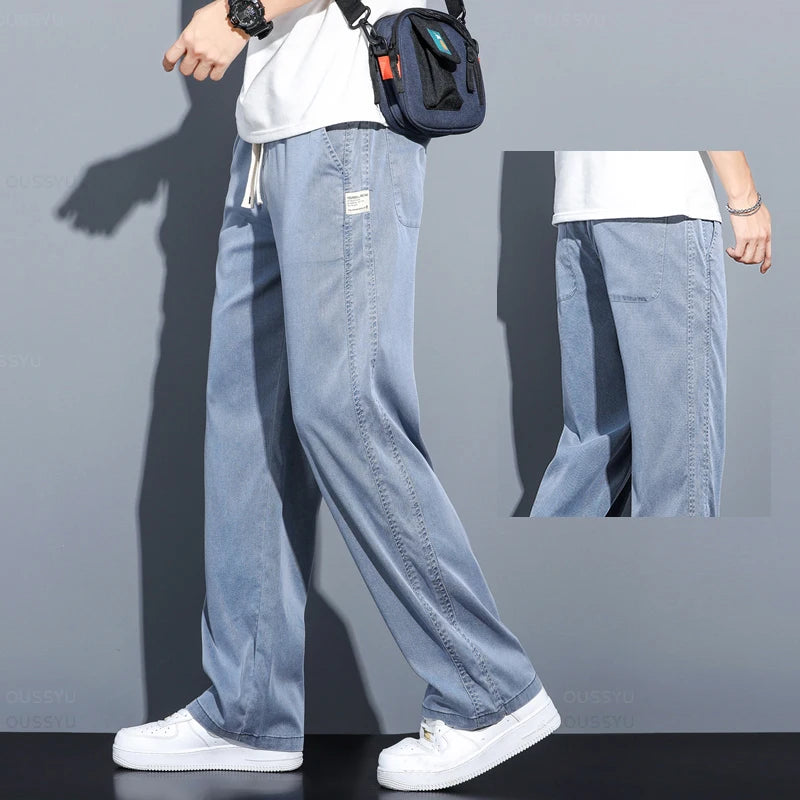 Summer Soft Lyocell Fabric Men's Jeans Thin Loose Straight Pants Drawstring Elastic Waist Korea Casual Trousers Plus Size M-5XL ATFH