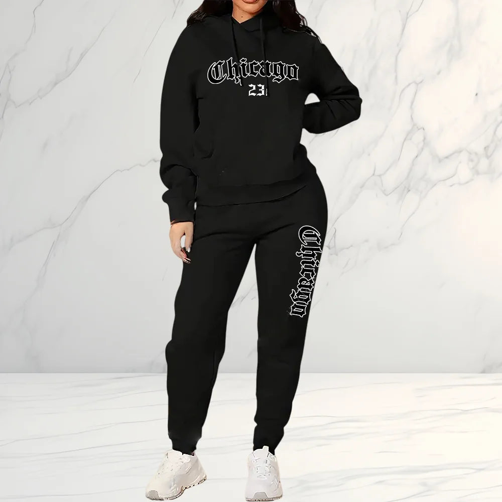2026 Women's Fleece-Like Hooded Sweatshirt & Joggers Set Print Polyester Lounge Set Matching Sets All-Season Comfort Pant Sets - ATFH