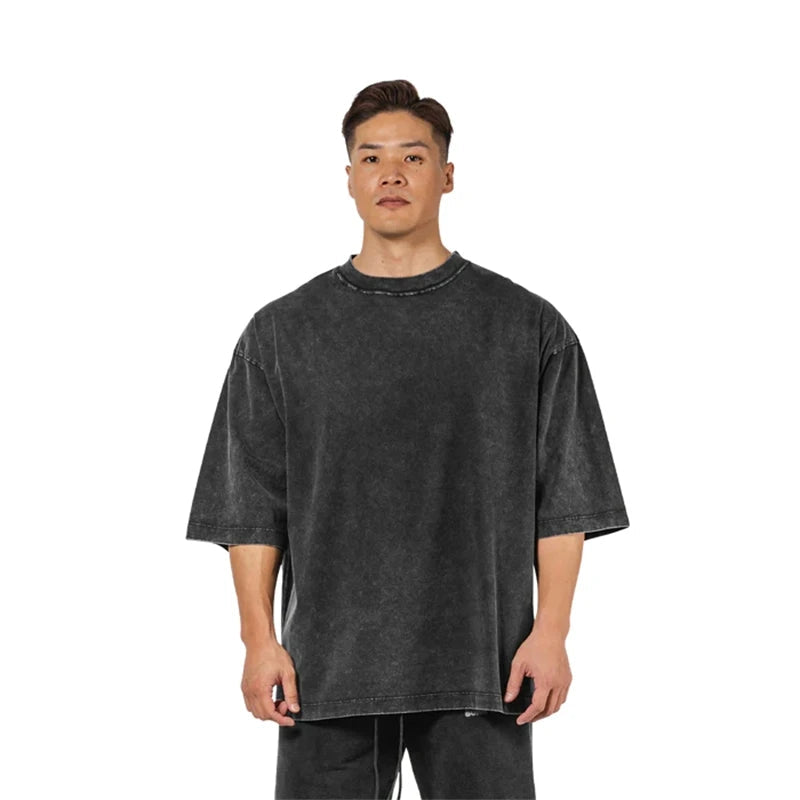 Washed T-Shirt 230G 100Cotton Solid Oversized Loose Fitness Mens Tee Tops Dropped Shoulders Short Sleeve Gym Bodybuilding Shirts ATFH