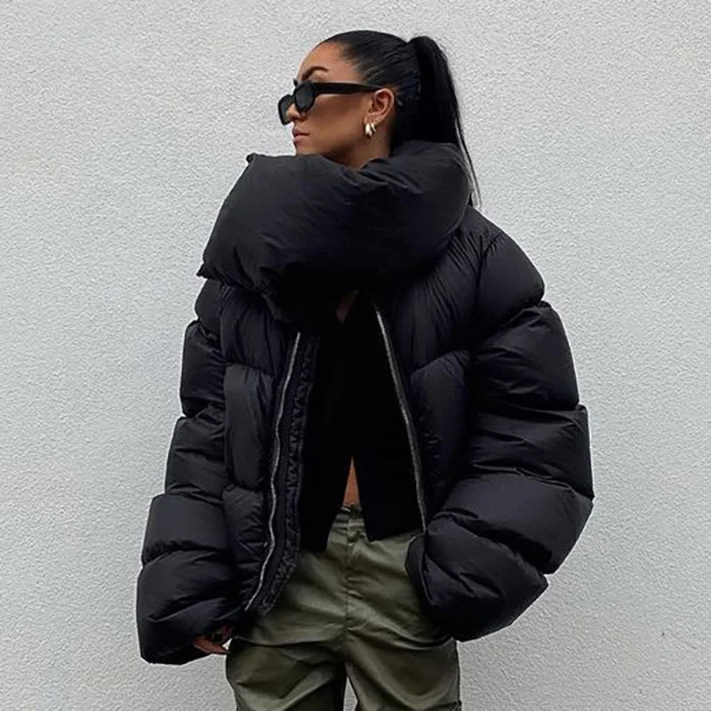 Women's Winter Autumn Tops Coat Splicing Cotton Clothes Press Button Neck Warm Pure Color Simple Loose Design High New Versatile ATFH