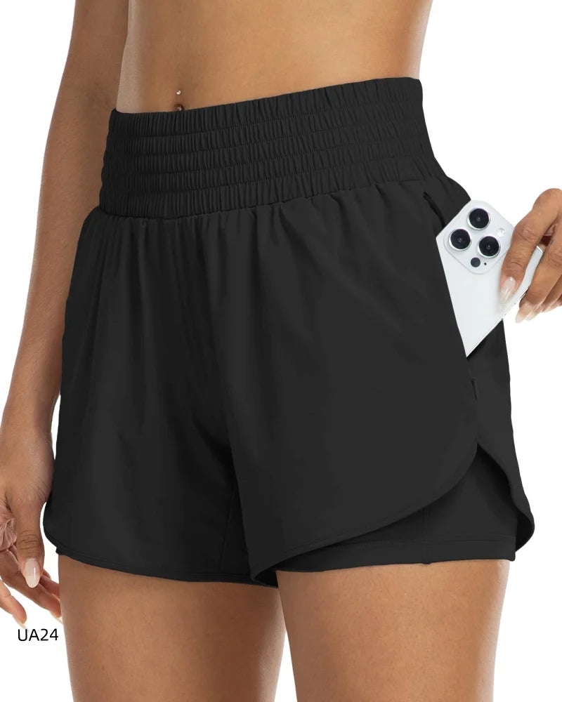 Women's High-Waisted 2-in-1 Quick-Dry Shorts with Zipper Pocket Elastic Waist for Workout Running Gym Yoga Fitness Sportswear Tahsi Fashion House