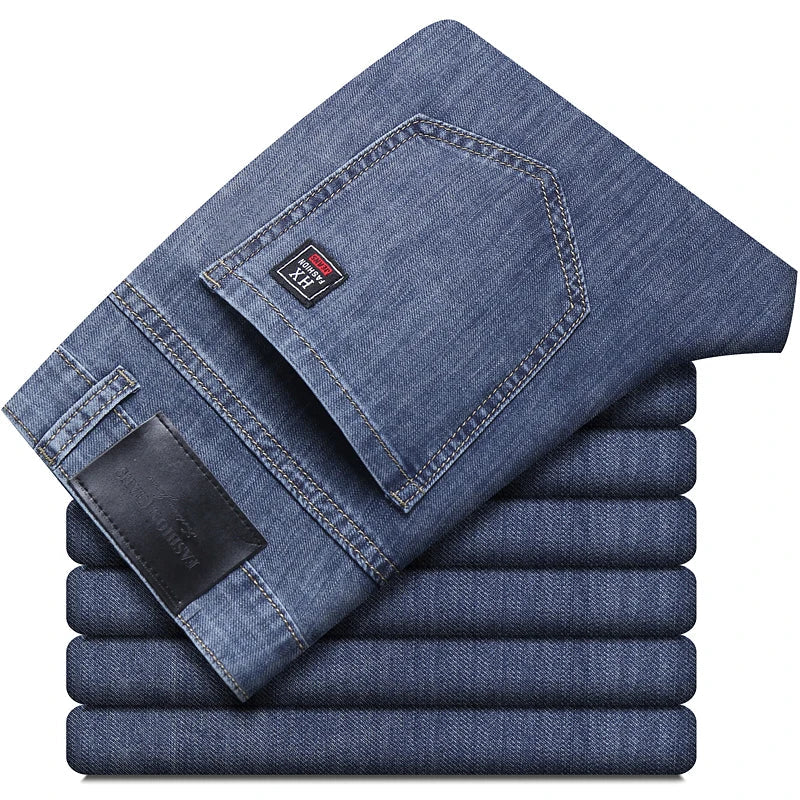 Summer New Elastic Men's Jeans Fashion Comfortable Business Straight Stretch Cotton Casual Denim Pants Brand Male Thin Trousers ATFH