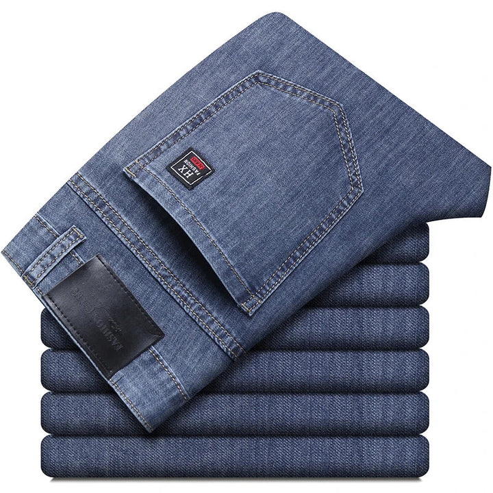 Summer New Elastic Men's Jeans Fashion Comfortable Business Straight Stretch Cotton Casual Denim Pants Brand Male Thin Trousers ATFH
