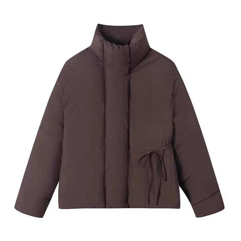 Casual Lace Up Women Winter Coats 2025 Belt Stand Collar Zipper Full Sleeve Kimono Jacket Lady Solid Thick Warm Outwear New ATFH