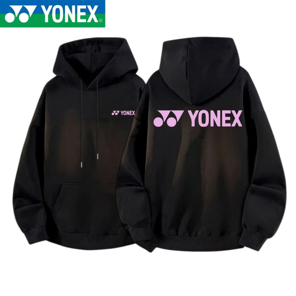 YONEX 2026 cotton hooded jacket with multi-color logos printed on the front and back, suitable for outdoor sports such as badmin