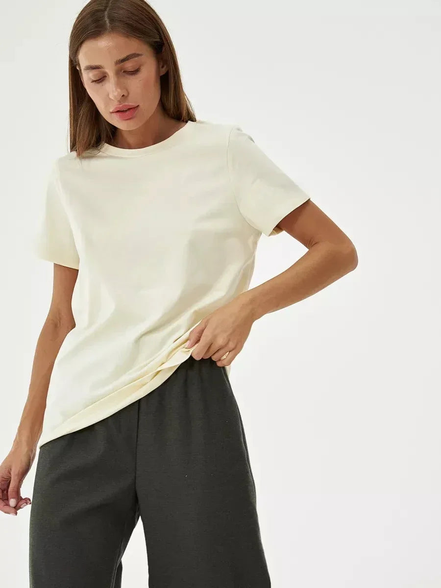 Bornladies Summer 100% Cotton Women's T-shirt Bottoming Basic Fashionable Solid Lady Short Sleeve Loose Tops Shirts 230g/㎡ Tops - ATFH