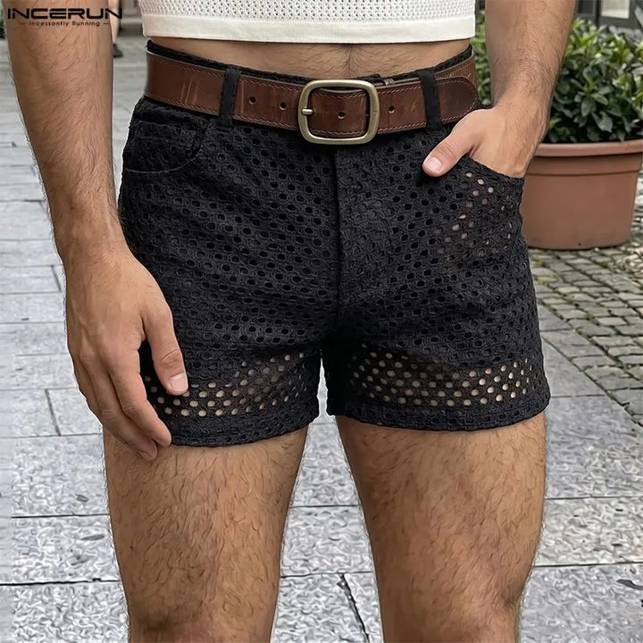 INCERUN Men's Shorts Solid Color Button Hollow Out Mesh See Through Men Bottoms Summer Streetwear Fashion Casual Shorts For Man