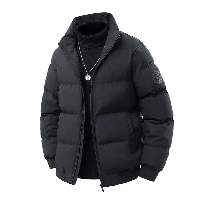 Winter Men's Stand Up Collar Zipper Parkas Thick Cotton Coats Solid Color Street Fashion Style Business Casual Jacket Plus Size