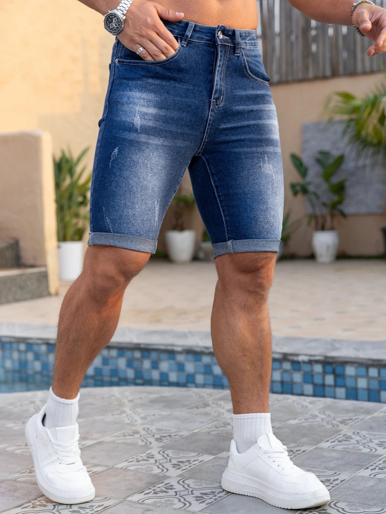 Men Denim Jeans Pants Clothing Trousers Shorts Men's Dark Wash Rolled Cuff Casual Denim Shorts ATFH