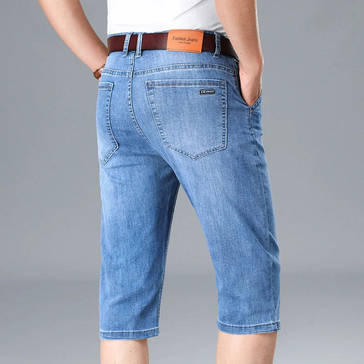 Summer Men's Thin Stretch Short Jeans Business Casual Blue Straight-leg Cotton Denim Calf-length Pants Male Brand Clothes ATFH
