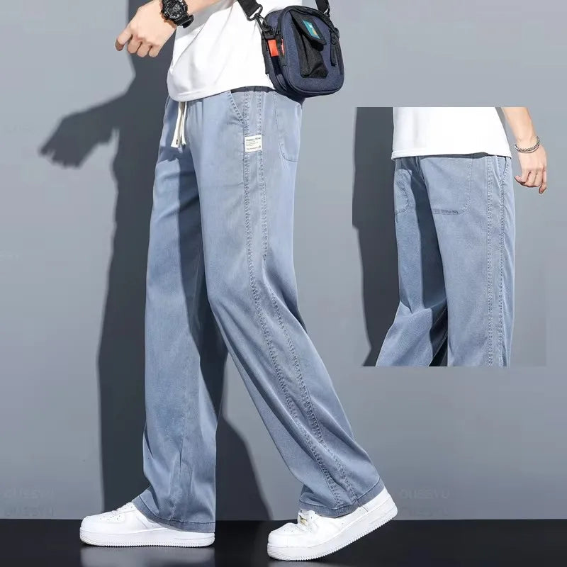 Summer Soft Lyocell Fabric Men's Jeans Thin Loose Straight Pants Drawstring Elastic Waist Korea Casual Trousers Plus Size M-5XL ATFH