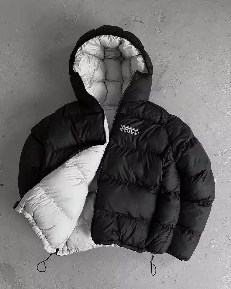 Streetwear Casual Blue Black Reversible Puffer Jacket Men Women Heavy Hooded Detail Fashion Coat Top Loose Fit Warm Y2K